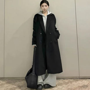 港风学院风黑色呢子大衣女款秋冬小个子高级感韩系慵懒风毛呢外套