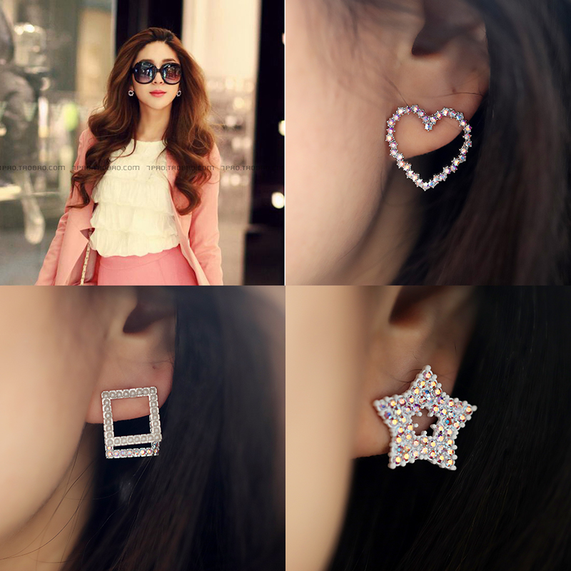韩国耳环简约几何爱心五角星前后一款两戴闪亮水钻925银针女耳钉