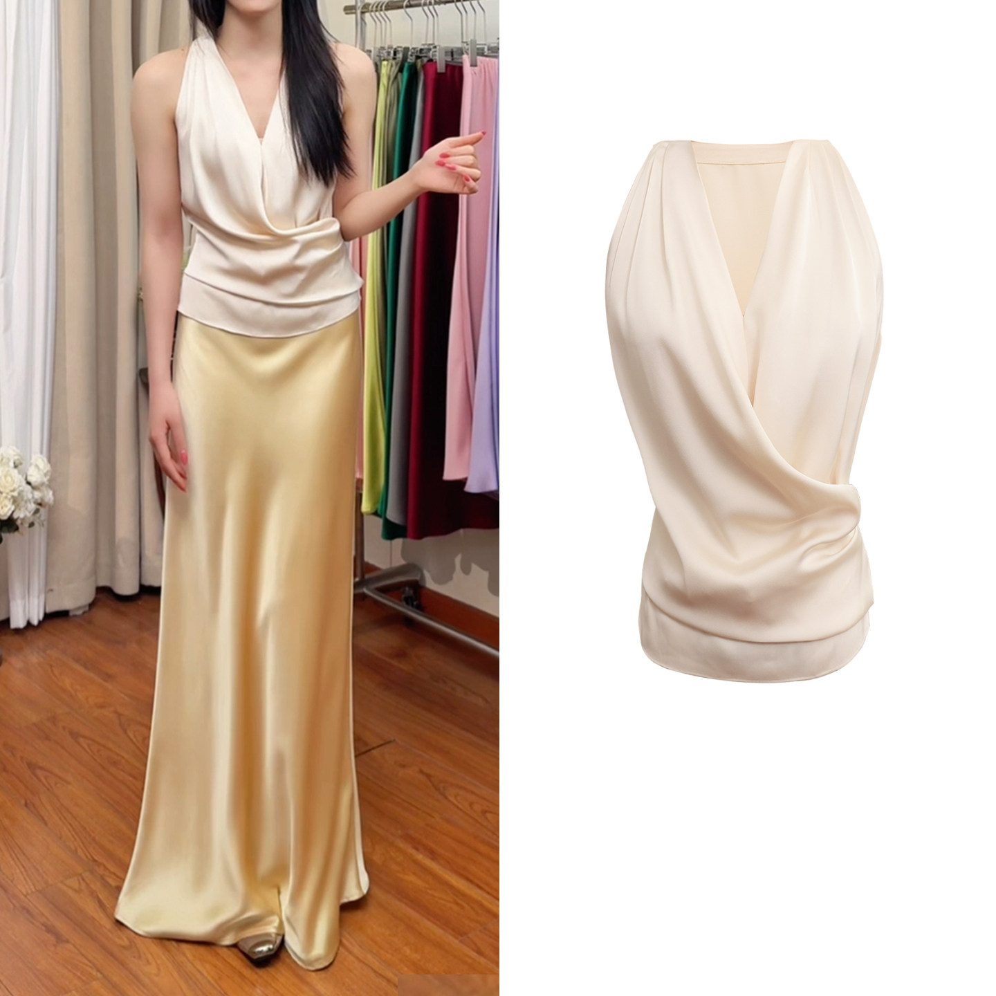 【温柔姐姐】法式缎面质感无袖V领交叉绑带衬衫女夏背心上衣简约