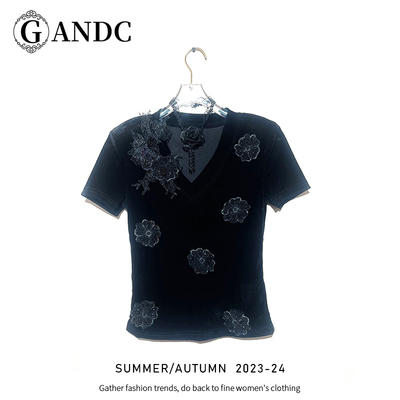 【安晴粉丝专享】GANDC轻奢设计师时尚修身立体花朵上衣GC2022035