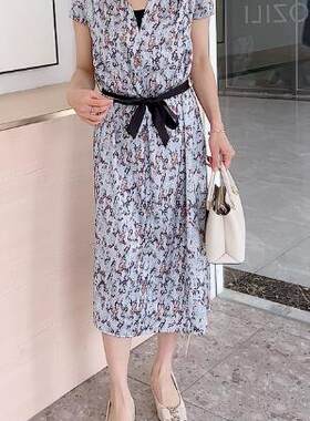 唯影WEIYING夏季新品女装丝缎连衣裙仿真丝V领腰带洋气裙子8172
