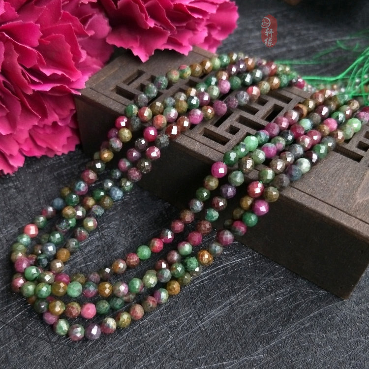 天然原矿红绿宝切面圆珠 红绿宝石共生矿切角散珠diy手链饰品材料