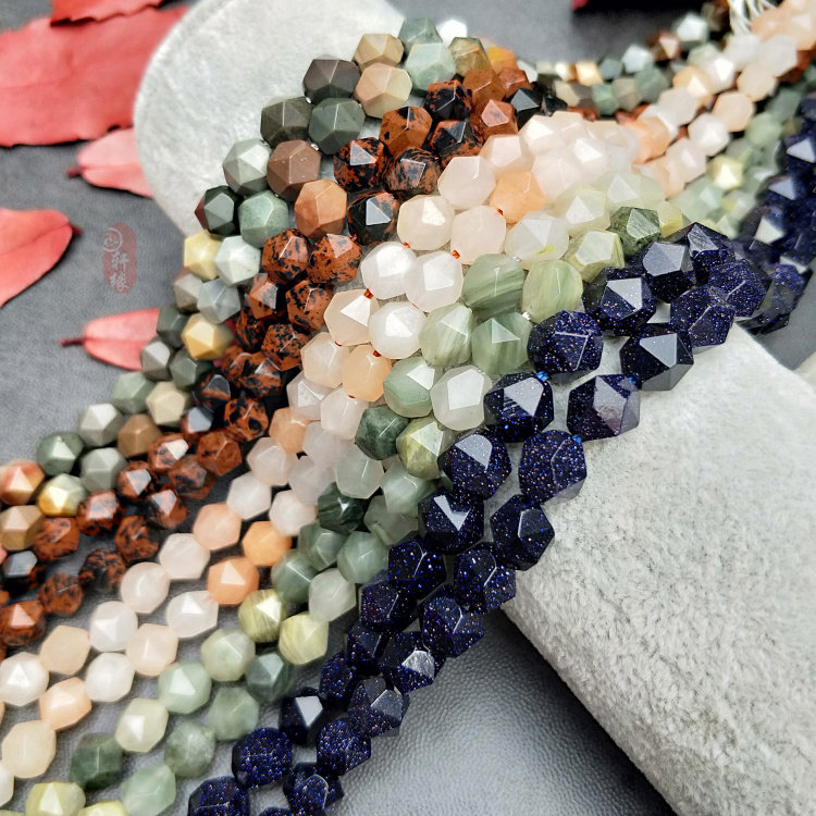 天然粉东陵 绿草玉 图画石 金天鹅石 蓝砂石切面散珠 钻石面diy串