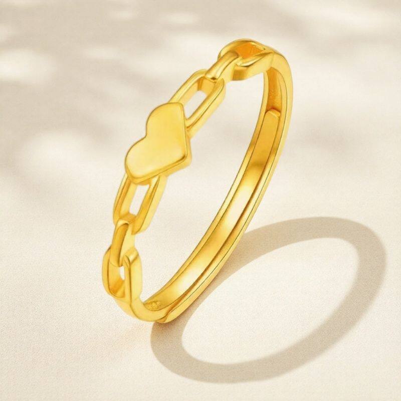 18k黄金色戒指可调节指环心形送女友礼物开口爱心链条时尚指环