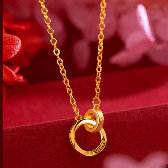 双环18K黄金色项链锁骨链结婚首饰环环相扣吊坠生日礼物送女友