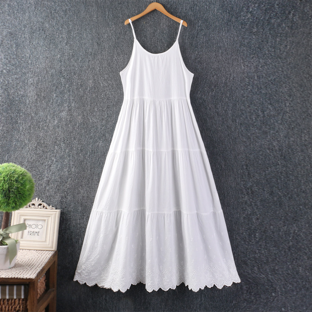 春夏新款女装甜美小清新棉麻纯色黑白吊带裙叠穿宽松连衣裙