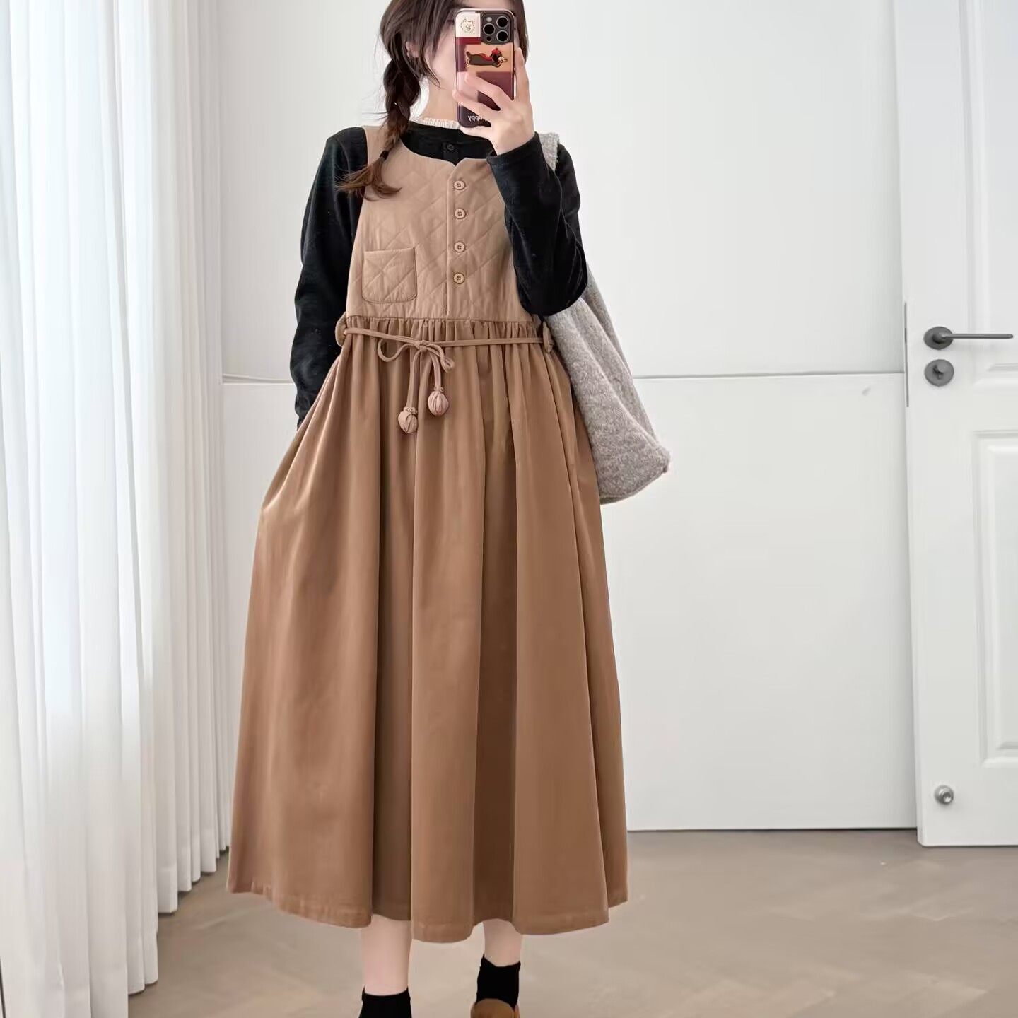 秋冬新款女装日系甜美夹棉拼接棉麻背心裙叠穿加厚连衣裙宽松