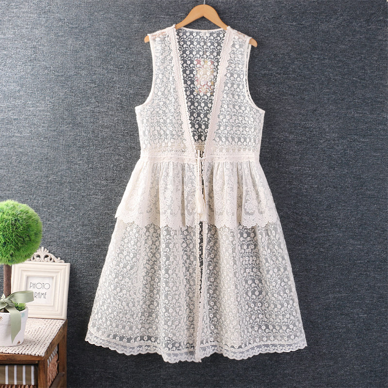 森女系甜美花边刺绣网纱连衣裙宽松中长款高腰显瘦叠穿无袖背心裙