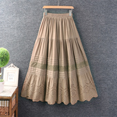 日系甜美松紧腰镂空刺绣棉麻长裙宽松纯色半身裙 女装 夏装 新款