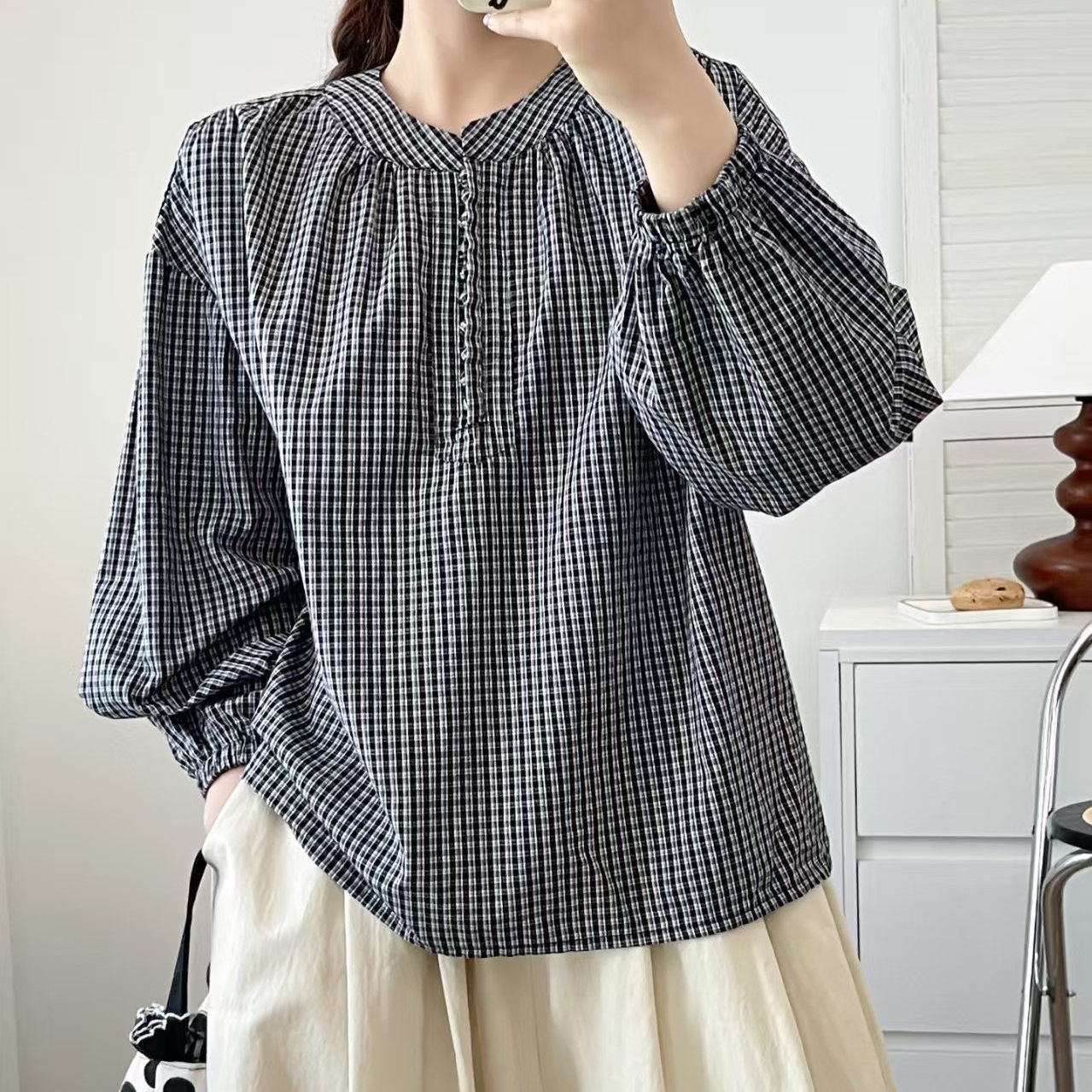 秋装新款女装甜美小清新格子套头上衣棉麻长袖衬衫宽松