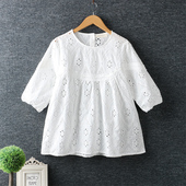 新款 棉麻上衣白色女 中袖 夏装 甜美小清新镂空刺绣套头娃娃衫