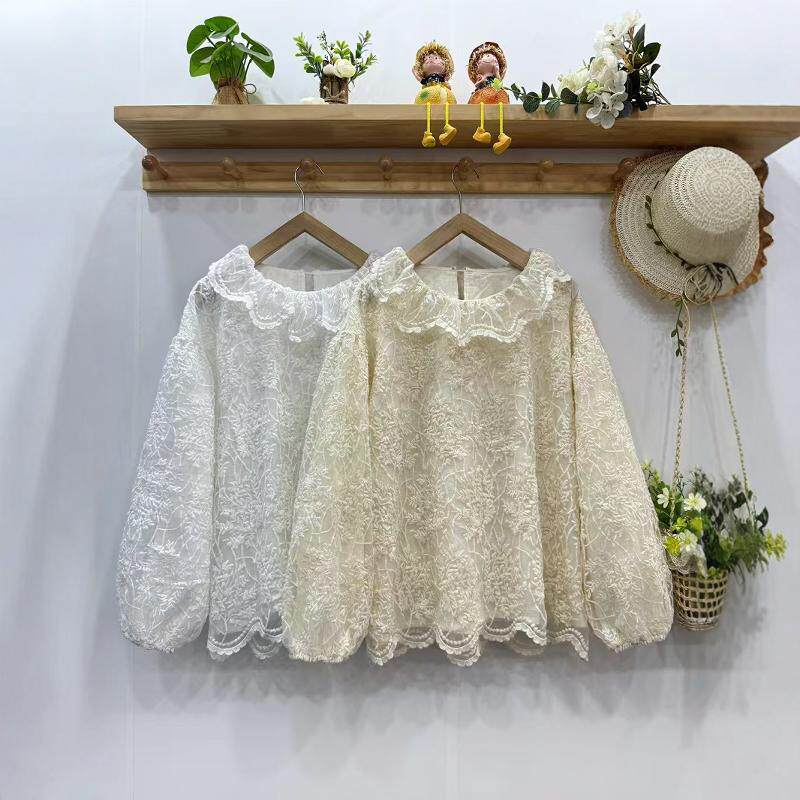 2024秋新款森女甜美娃娃领宽松蕾丝花边长袖内搭打底蕾丝衫女上衣