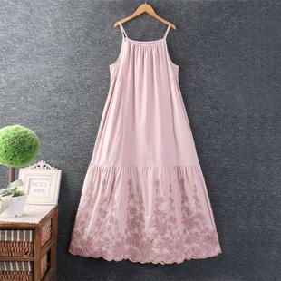 甜美森女日系纯色下摆蕾丝立体盘花刺绣宽松叠穿内搭吊带裙打底