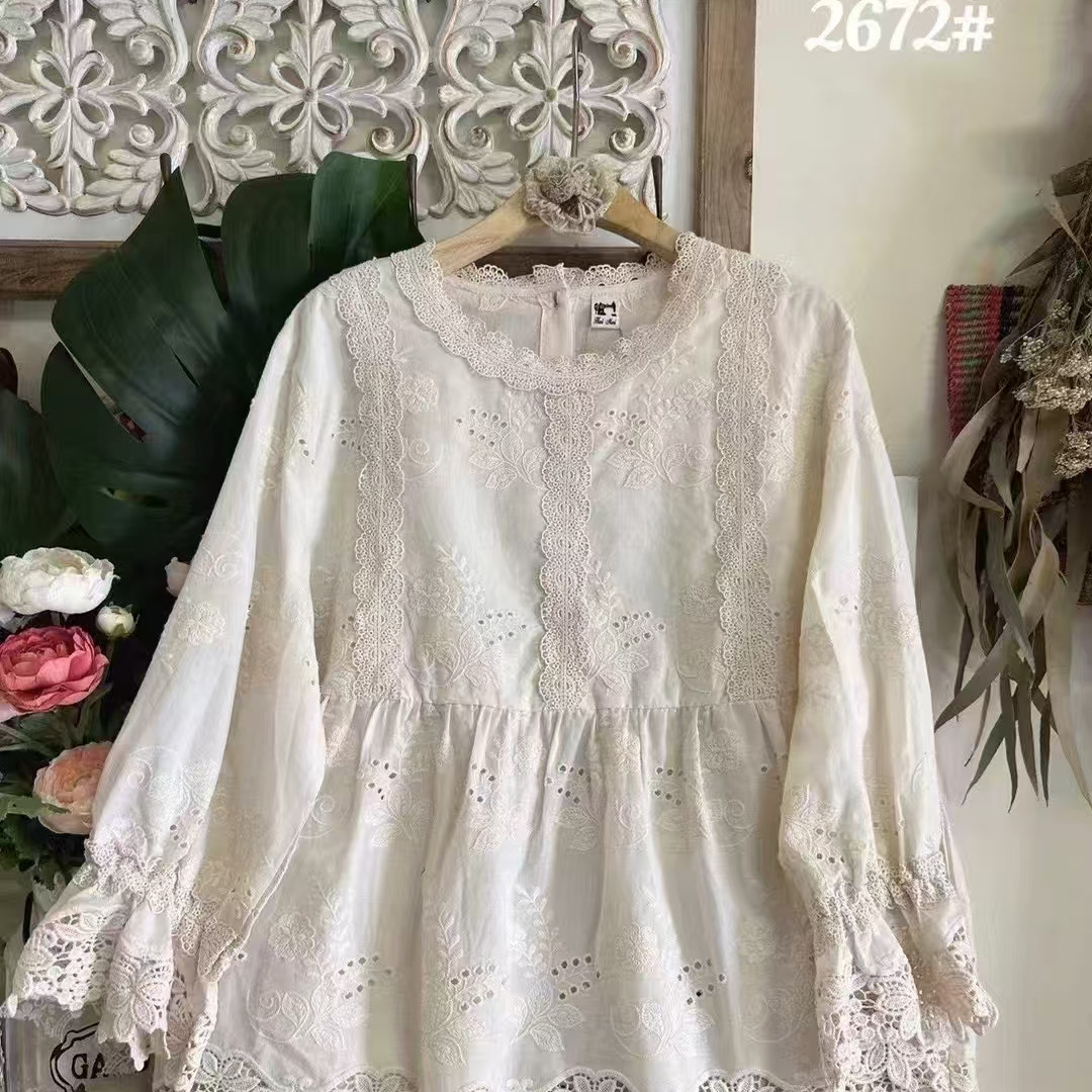 花边长袖套头上衣棉麻纯色衬衫