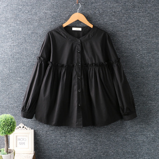 春装新款女装文艺小清新立领木耳花边纯色娃娃衫长袖宽松衬衣黑白