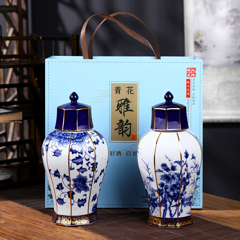 景德镇仿古陶瓷酒瓶 三斤装青花雅韵将军罐酒罐 3斤密封酒壶酒坛