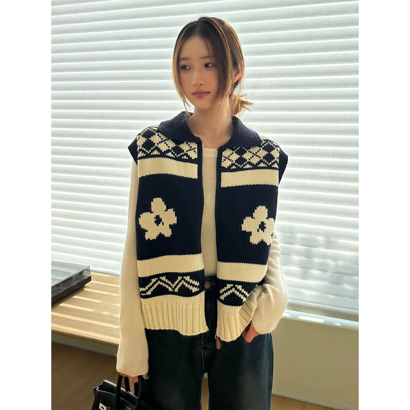 提花翻领拉链叠穿马甲背心针织衫