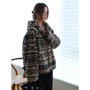 小阿秋美拉德复古游牧风费尔岛针织外套女宽松慵懒风保暖连帽上衣