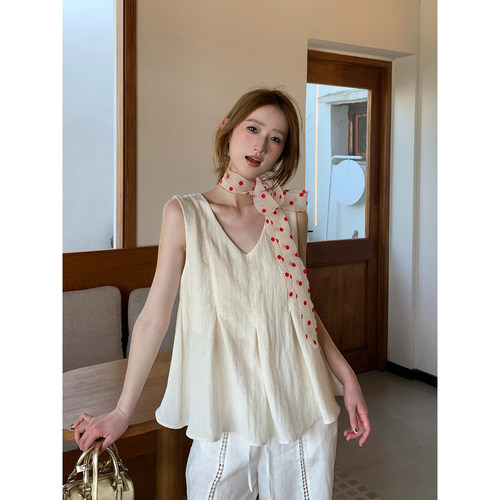 莱赛尔麻V领复古娃娃衫女夏季