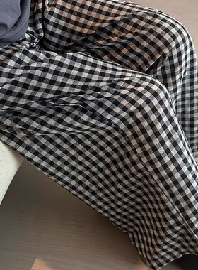 阿秋 格子休闲阔腿长裤女秋季复古格纹高腰显瘦宽松直筒拖地裤子