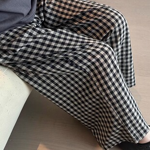 阿秋 格子休闲阔腿长裤女秋季复古格纹高腰显瘦宽松直筒拖地裤子