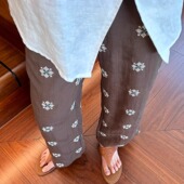 阿秋 小个子直筒高腰阔腿裤 重工绣团花天丝亚麻阔腿九分裤 女夏季