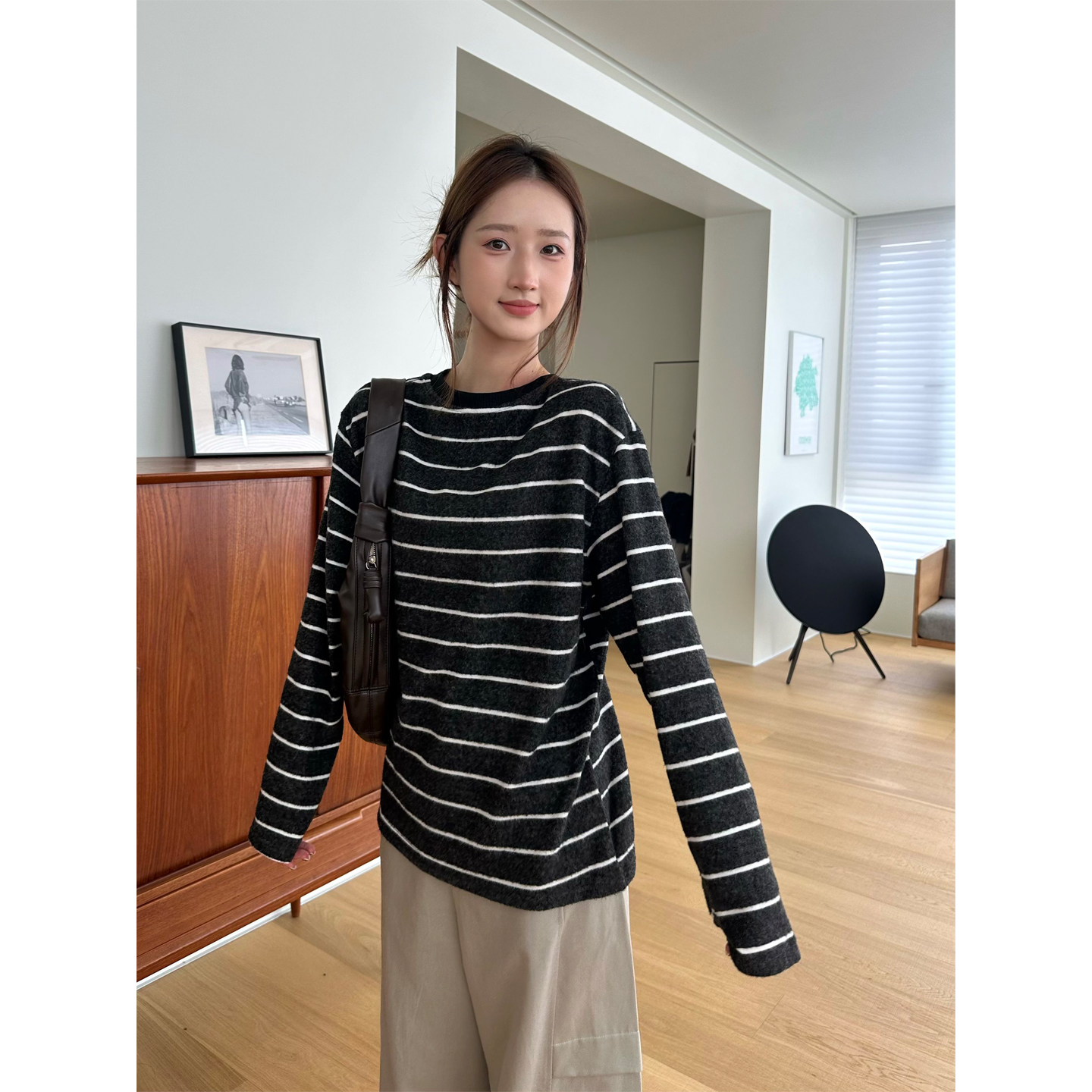 磨毛条纹针织衫长袖T恤