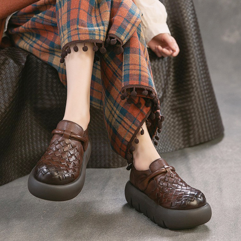 复古真皮纯手工编织单鞋女头层牛皮松糕厚底时尚休闲魔术贴低帮鞋