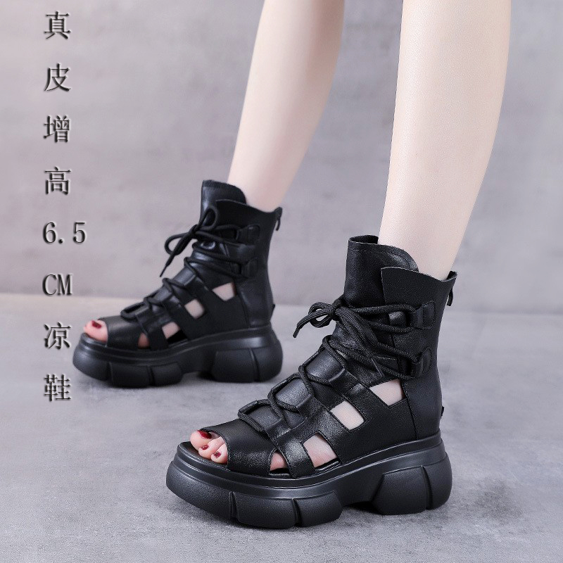 真皮增高6.5CM凉鞋女夏牛皮洞洞厚底高帮凉靴鱼嘴休闲外出鞋