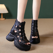 松糕鞋 复古短靴真皮内增高10CM凉鞋 女头层牛皮厚底凉靴镂空鱼嘴鞋