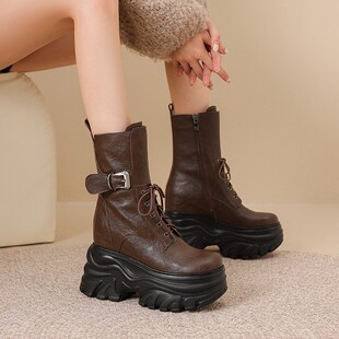 复古真皮内增高12CM马丁靴女秋冬加绒松糕厚底短靴显瘦小个子鞋子