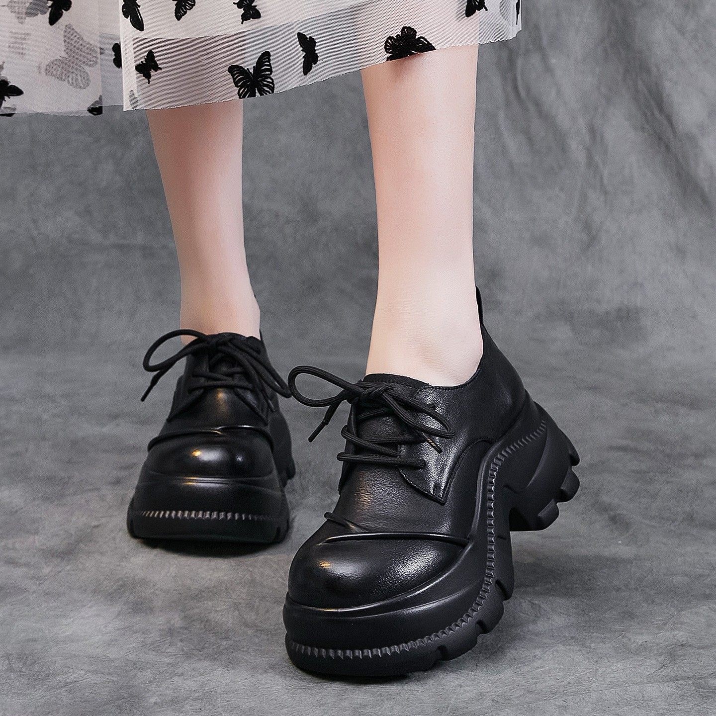 复古真皮增高7CM单鞋女2026春牛皮圆头系带松糕厚底时尚休闲鞋子,女鞋,松糕（摇摇）鞋,淘宝优惠券,粉丝福利购,淘宝优惠卷