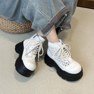 欧洲站真皮粗高跟马丁靴女夏季头层牛皮镂空透气松糕厚底显瘦凉靴