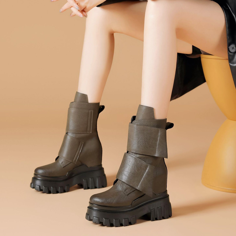 欧美潮流真皮内增高12CM马丁靴女秋冬加绒保暖机车厚底魔术贴短靴