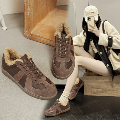 羊毛～牛皮皮毛一体德训鞋女复古休闲运动百搭羊毛加绒保暖冬女鞋