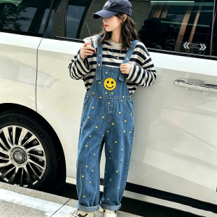 秋装女童韩版笑脸背带裤儿童宽松牛仔裤中大童长裤百搭洋气的裤子