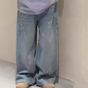 2025春季新款单裤子珍珠水钻蝴蝶直筒阔腿窄版中大童浅色牛仔裤