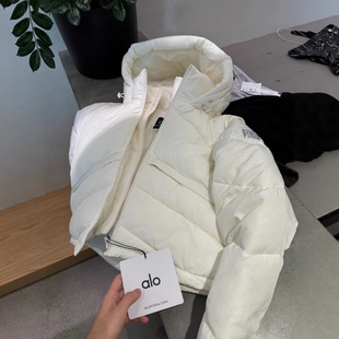 alo冬季立领连帽短款羽绒服女保暖假两件双层拉链抽绳白鸭绒外套