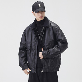 90白鸭绒翻领PU皮羽绒服夹克男士 加厚保暖皮衣机车外套潮 2025冬季