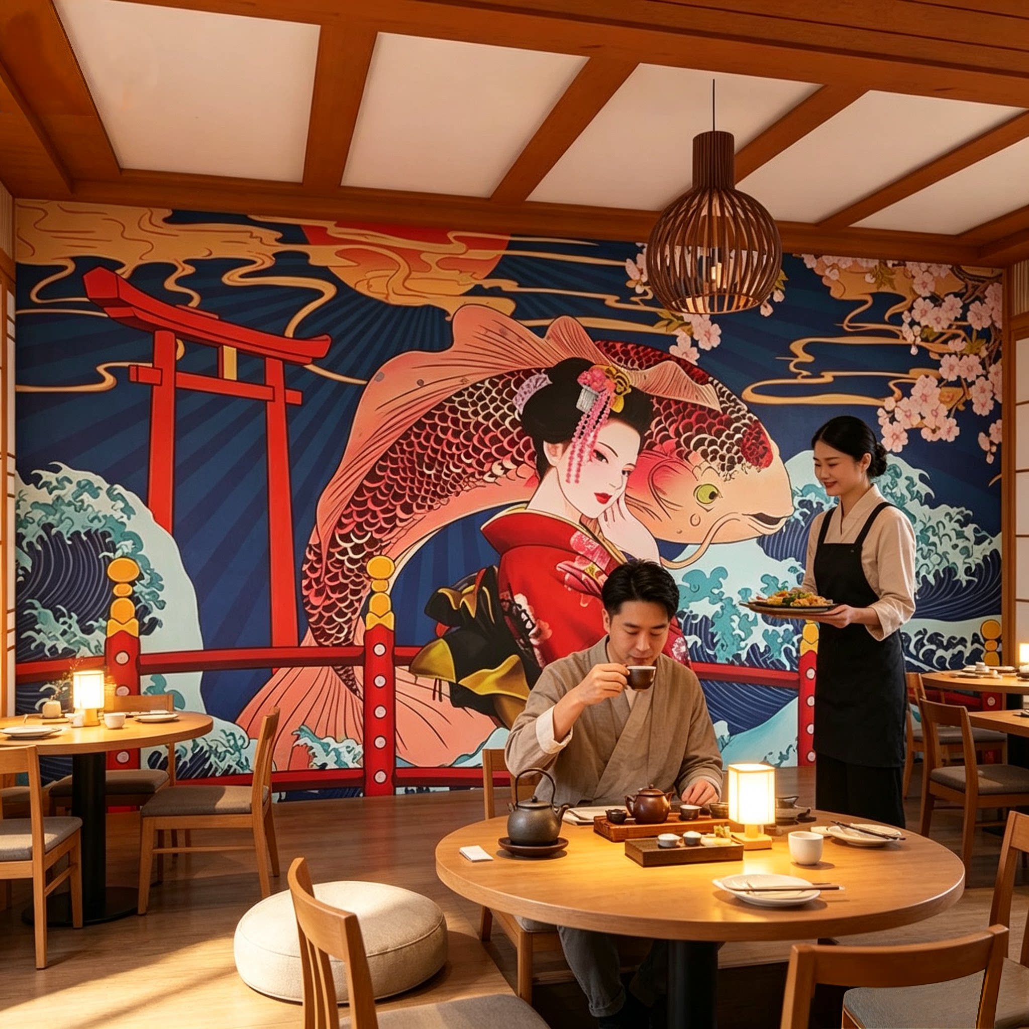 日式浮世绘和风墙纸日本餐厅包间墙面装饰画仕女图日料寿司店壁纸
