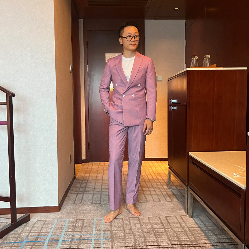 KIESSU私人定制商务修身百搭白领通勤藕粉色双排扣西服套装西装