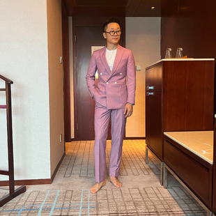 KIESSU私人定制商务修身百搭白领通勤藕粉色双排扣西服套装西装