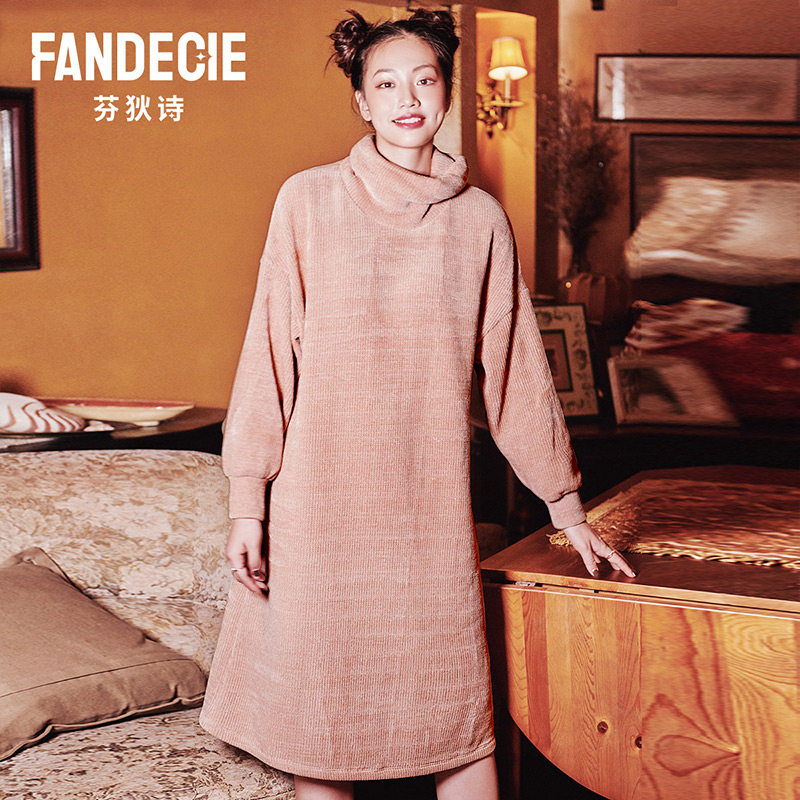 芬狄诗秋冬雪尼尔绒罗纹女士睡裙舒适柔软宽松可外穿长裙FL00159