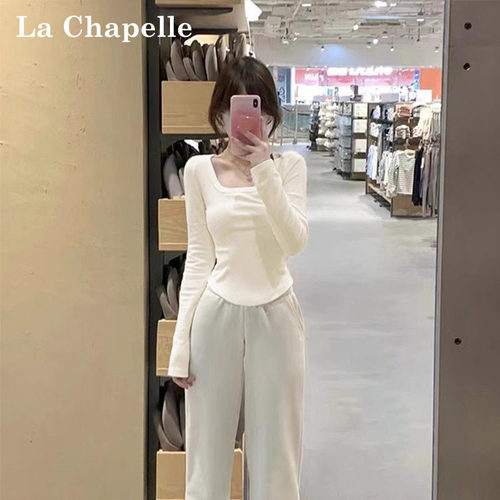 拉夏贝尔方领打底衫女春秋冬内搭纯棉设计感弧形下摆保暖长袖上衣