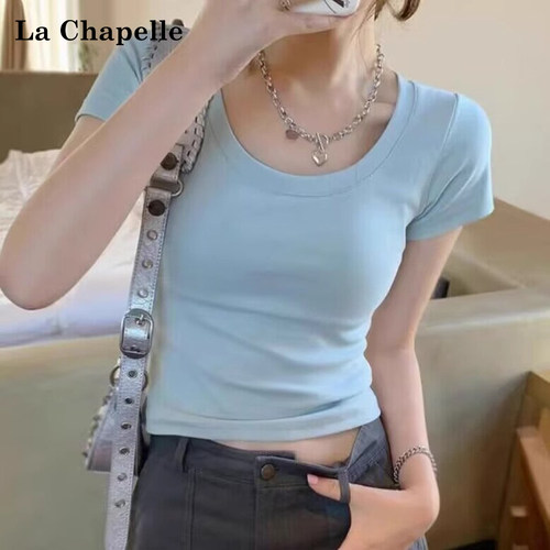 拉夏贝尔短款正肩短袖T恤女2026新款夏季露脐辣妹修身蓝色上衣服