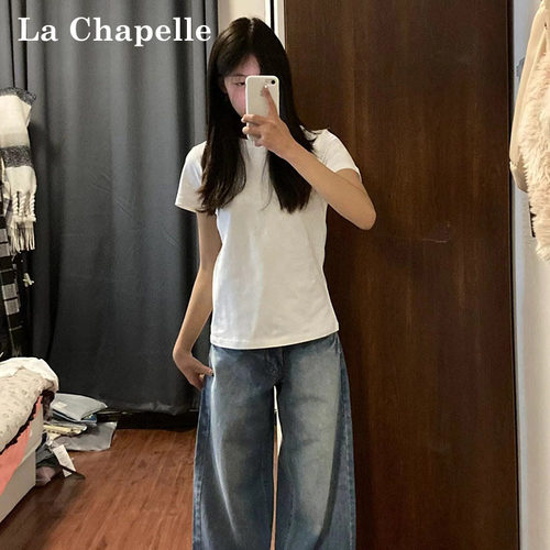 拉夏贝尔白色正肩圆领短袖t恤女夏季2026新款修身简约百搭上衣
