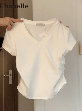 拉夏贝尔白色V领短袖T恤女夏季韩版修身褶皱收腰飞飞袖甜辣妹上衣
