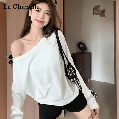 白色斜肩长袖T恤女新款