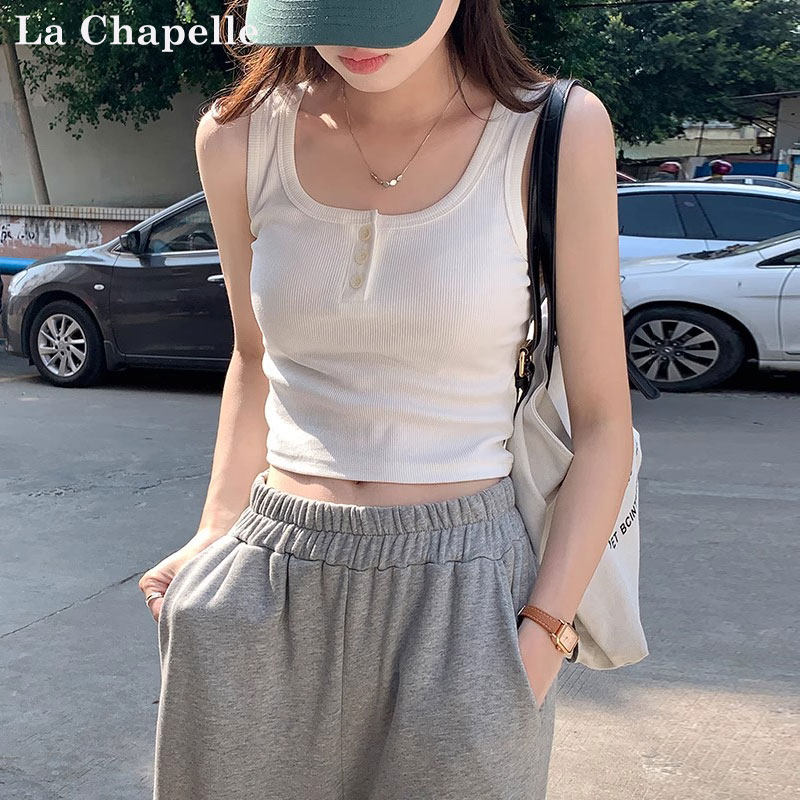 拉夏贝尔纽扣吊带背心女新款美背带胸垫内搭爆款文胸一体短款上衣