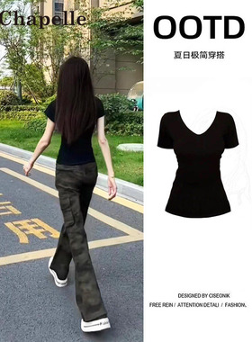 拉夏贝尔黑色v领正肩短袖T恤女2026新款夏季设计感掐腰显瘦上衣服